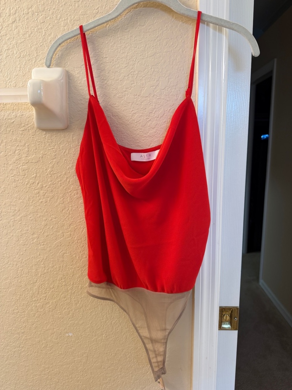 Astr Red Cowl Neck Bodysuit with Sheer Tan Panel